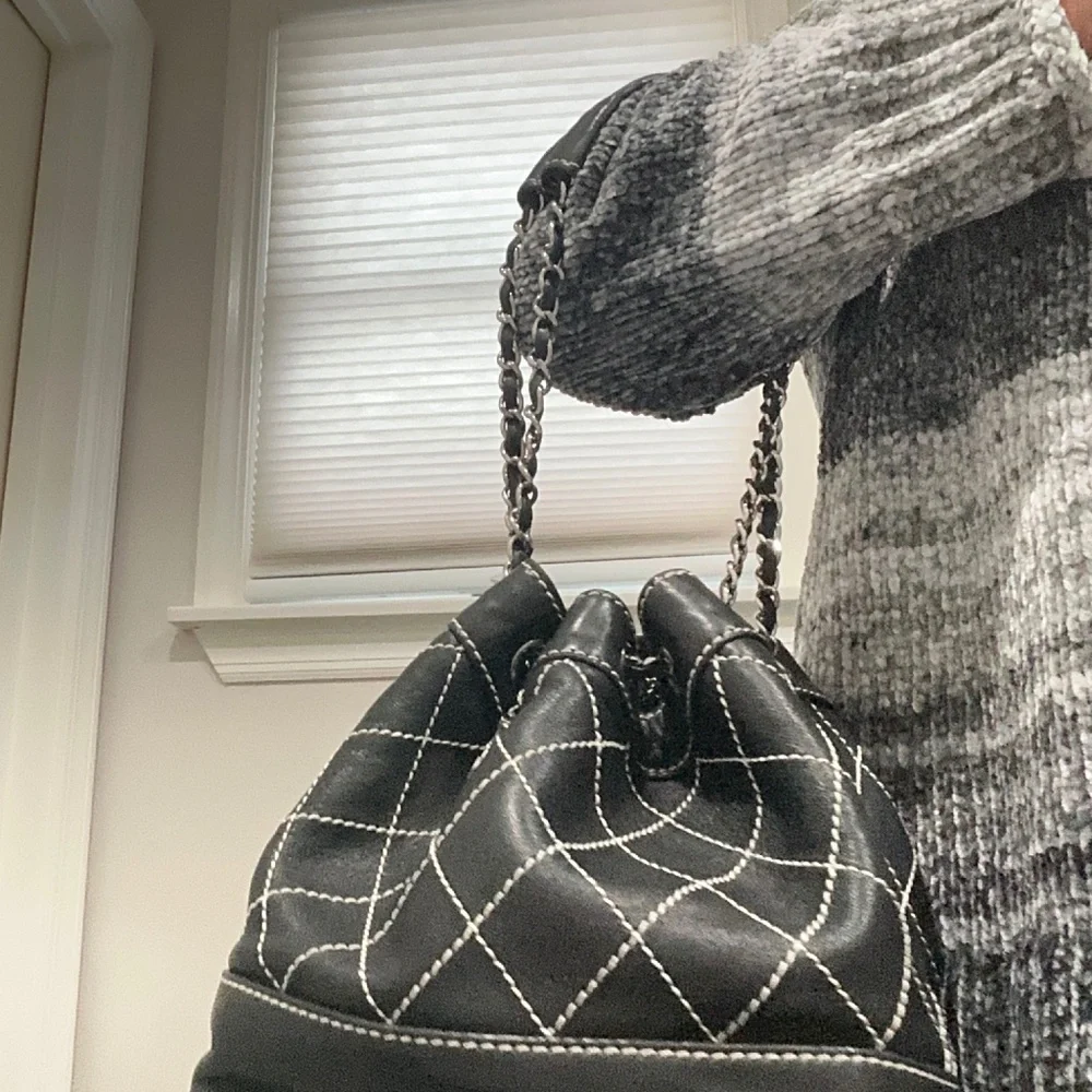 CHANEL Black  Quilted Leather Wild Stitch Bucket  Bag with Silver hardware